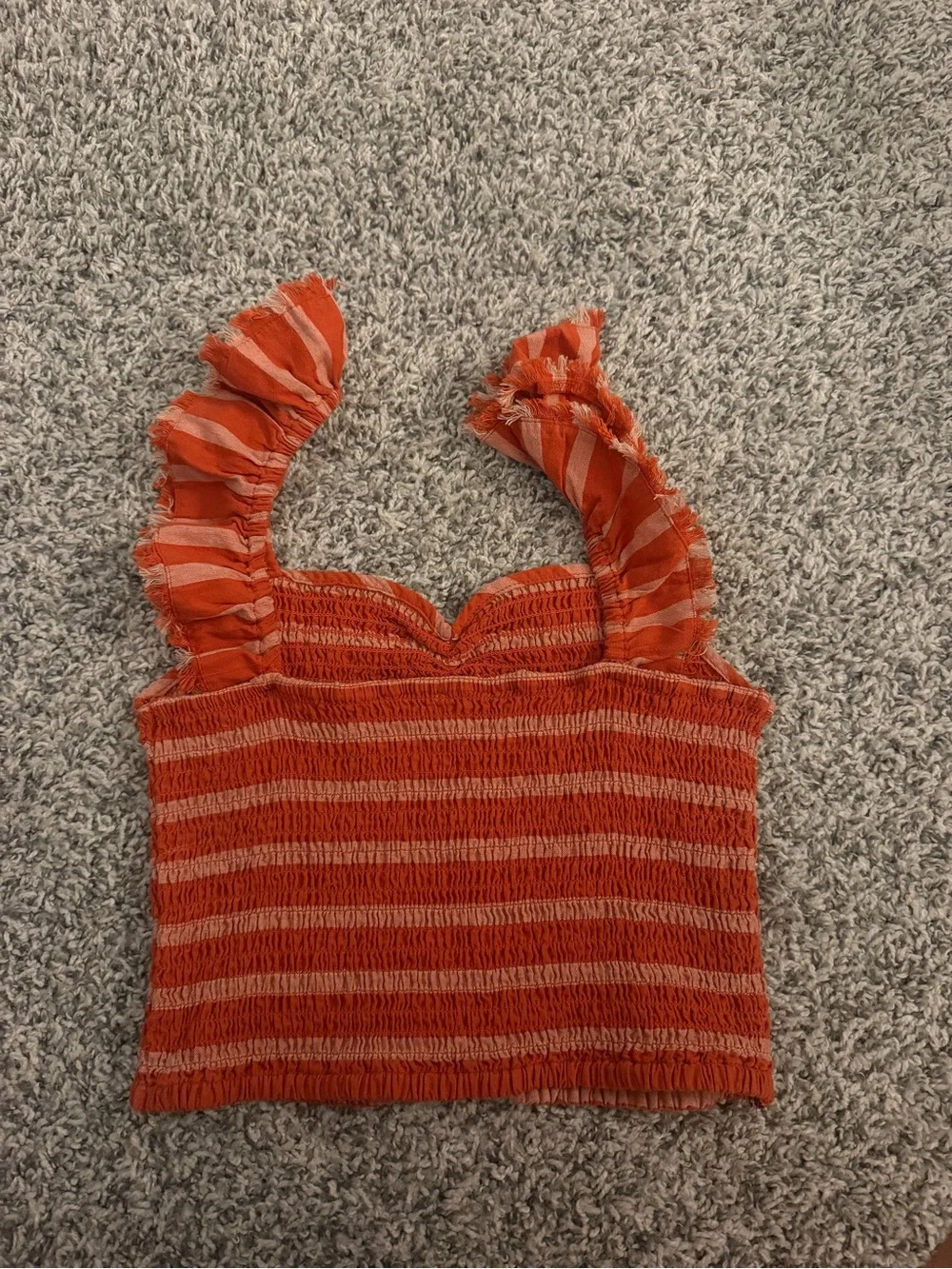 Free People Rust and Light Orange Striped Smocked Ruffle Strap Crop Top
